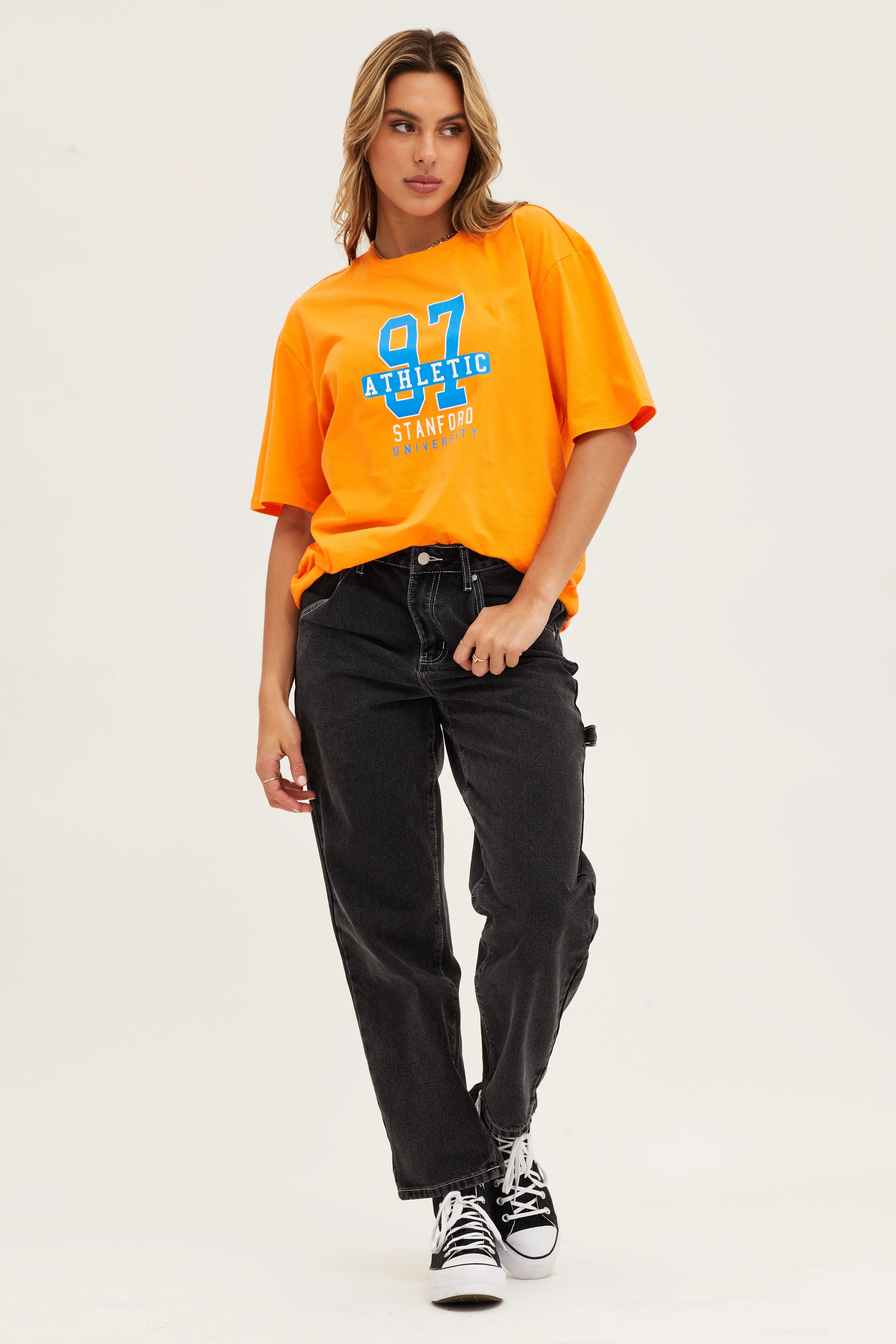 Everyday Wear Leather combination Orange Crew Neck Oversized Tee