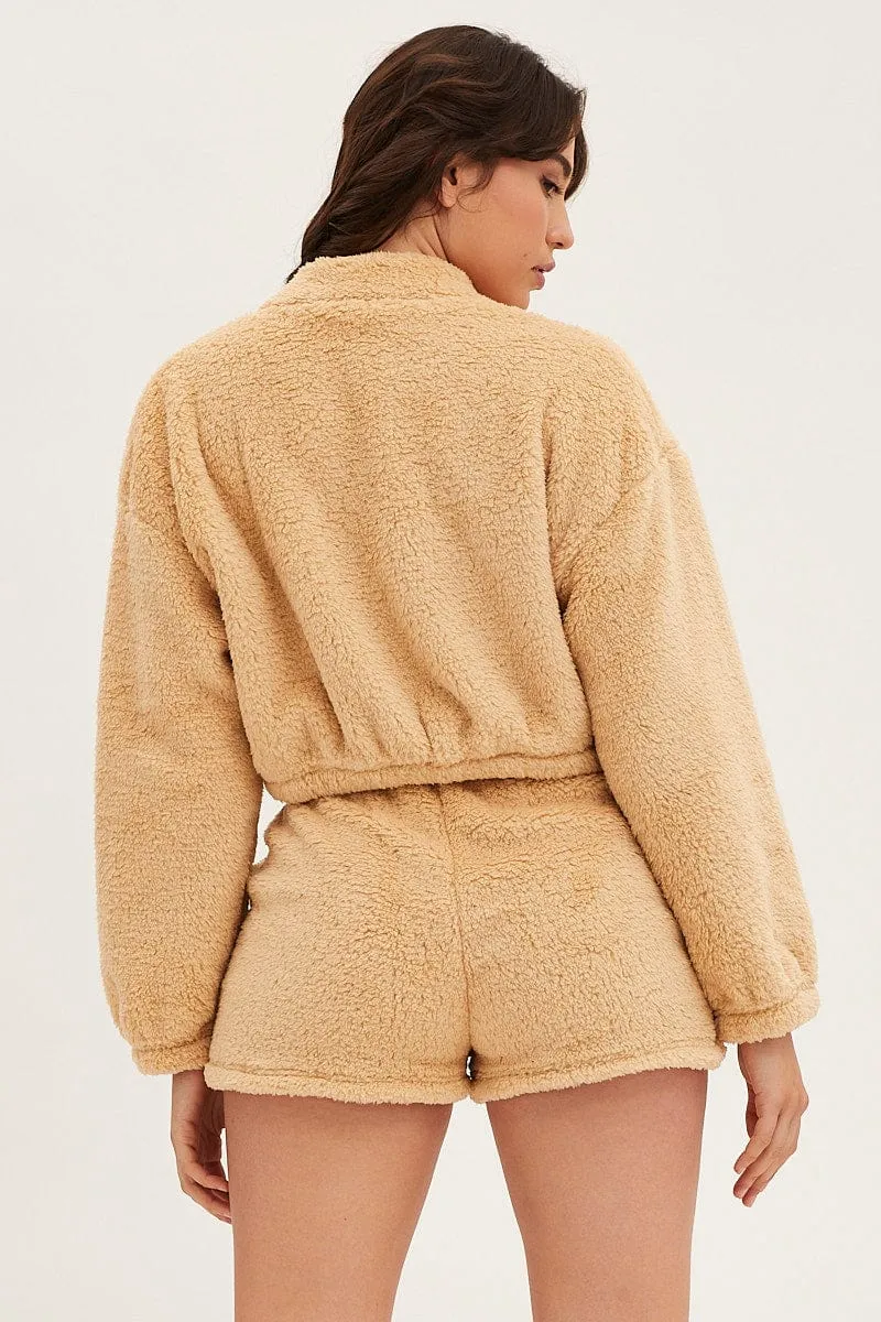 Beige Loungewear Teddy Shorts School Uniform