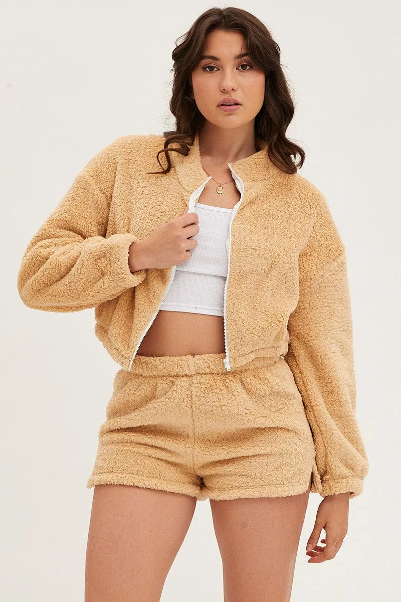 Beige Loungewear Teddy Shorts High-waisted