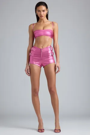 Metallic High-Waist Denim Shorts in Deep Pink poolside gear