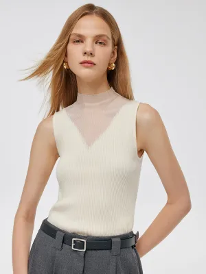 Patchwork Mock Neck Women Knitted Tank Top MultiPocket Design