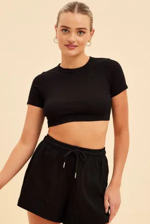 Black Prea Rib Crew Neck Short Sleeve Crop Baby T-Shirt StretchComfort Earth Glow