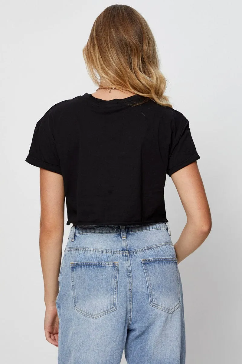 Wicking Interlock Knit Black Graphic T-Shirt Short Sleeve Crop