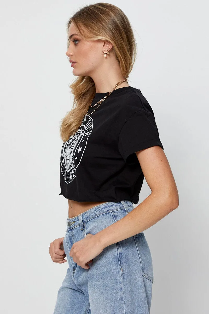 Smart Fit Black Graphic T-Shirt Short Sleeve Crop