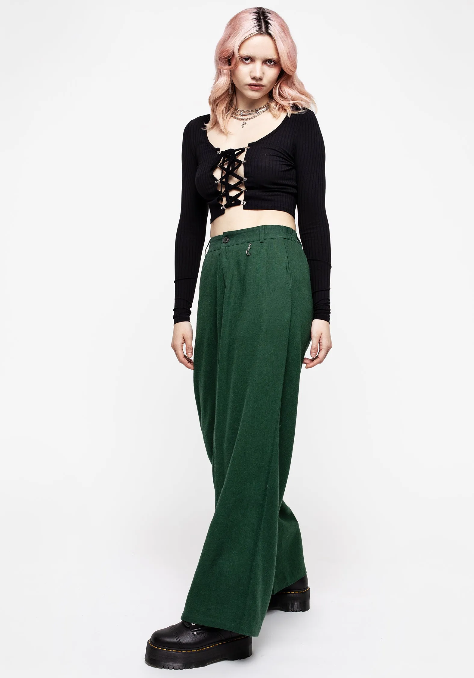 Oberon Green Wide Leg Linen Blend Trousers Effortless Layer