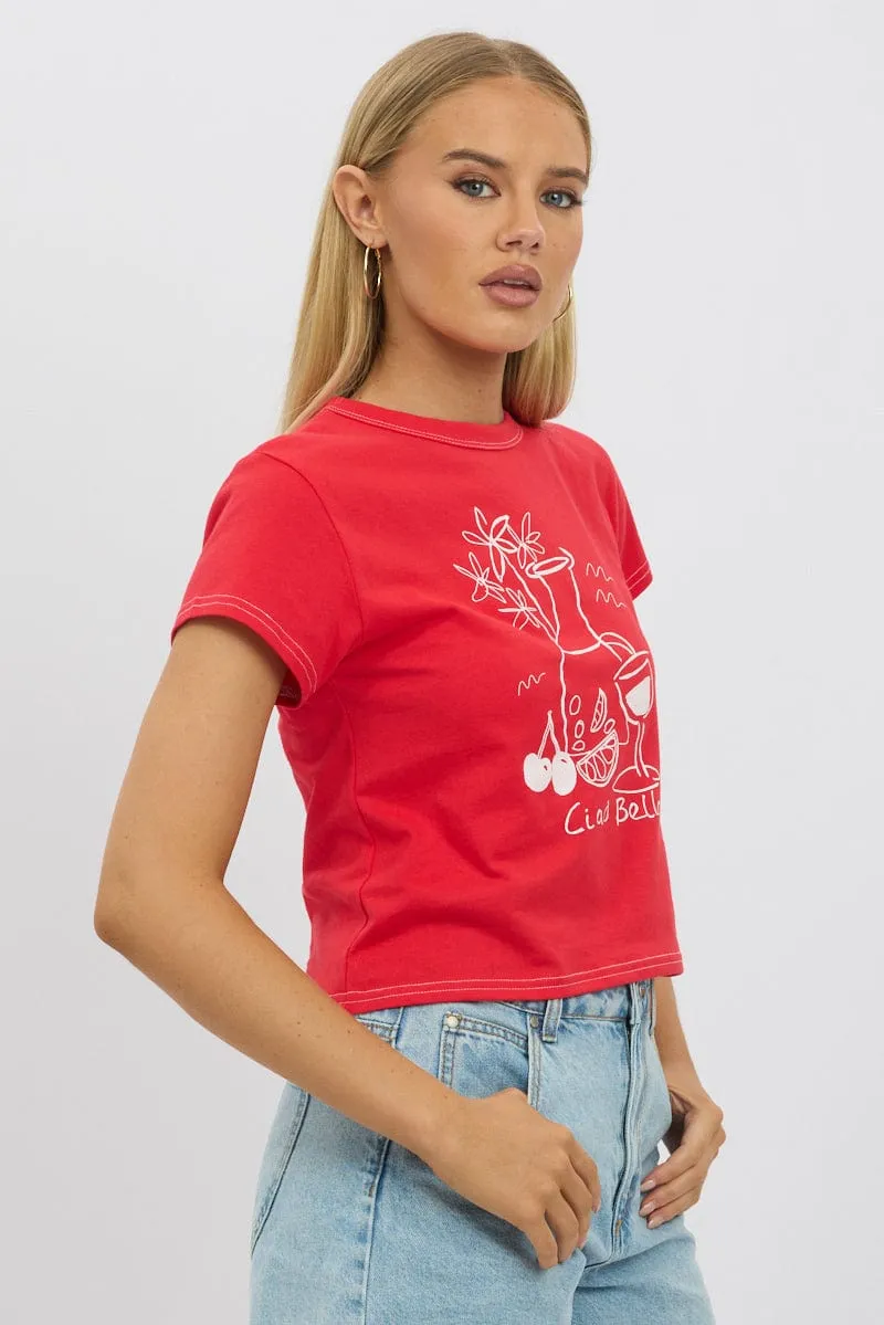 Red Graphic Tee Short Sleeve Comfortable Layering