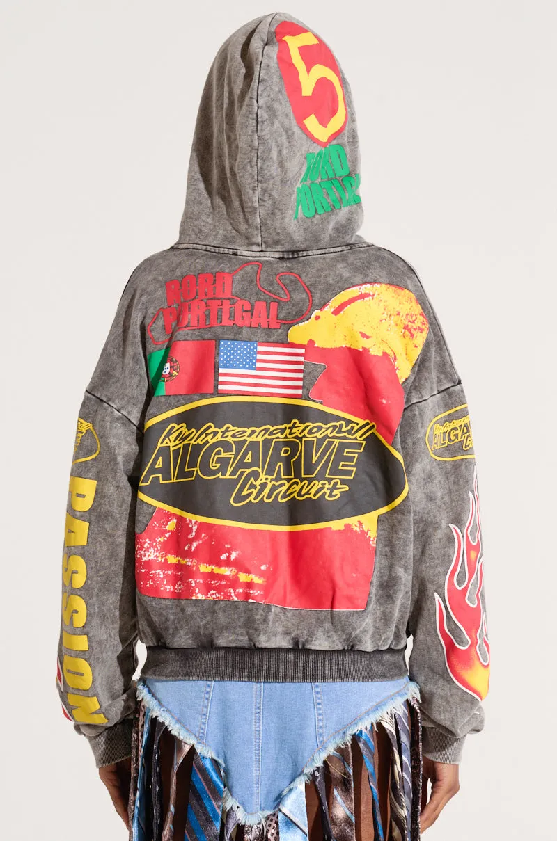 OFF TO THE RACES GRAPHIC ZIP UP HOODIE keychain accents product combo