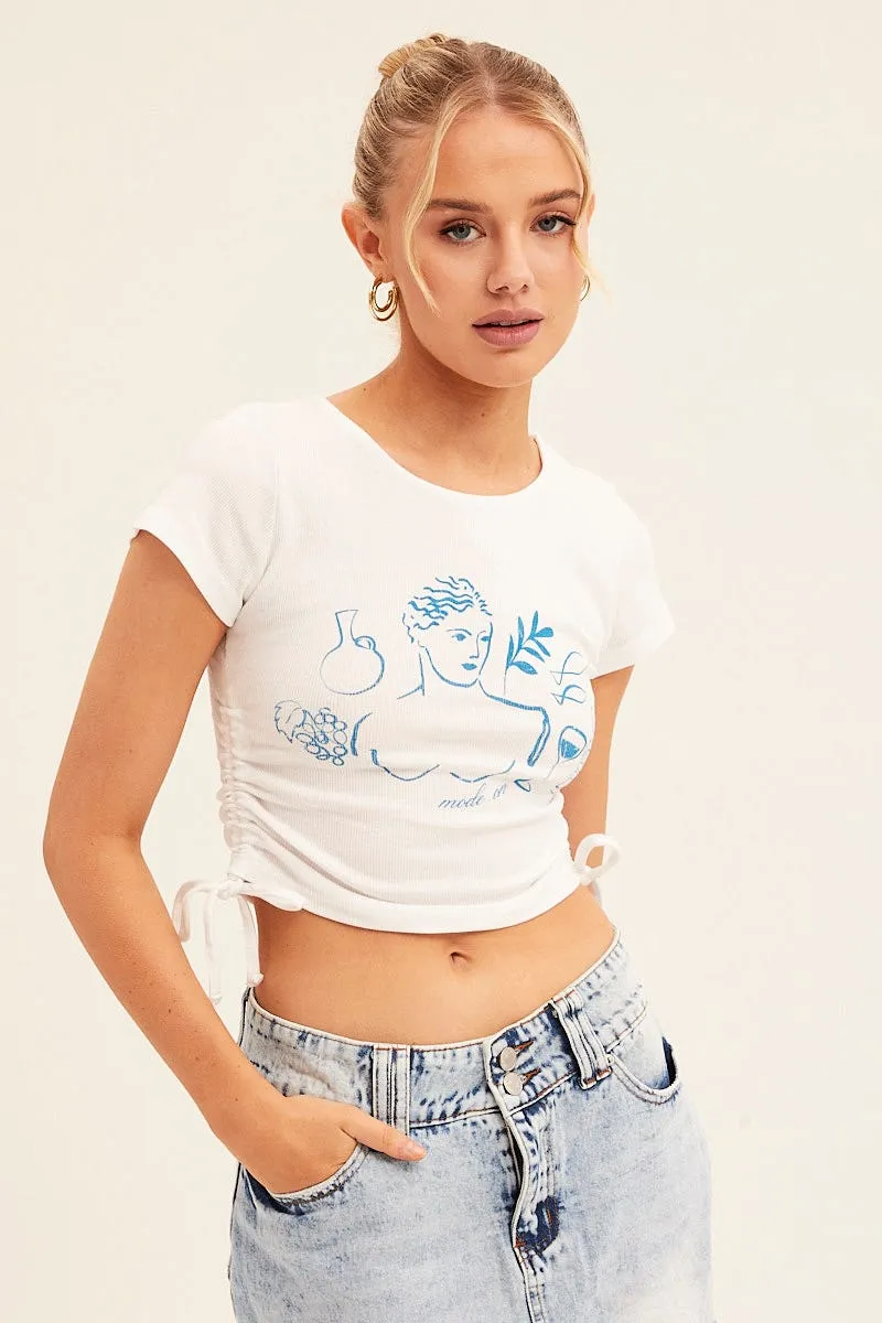 White Crop Top Short Sleeve Crew Neck Ruched Rib color blocking