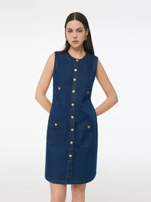 Denim Stretch Front Button Women Mini Dress Trendy Charm