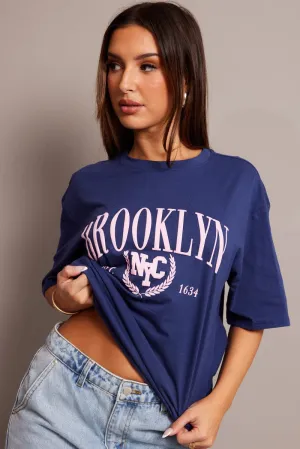 Casual Essentials Classic Layering Blue Graphic Tee Short Sleeve