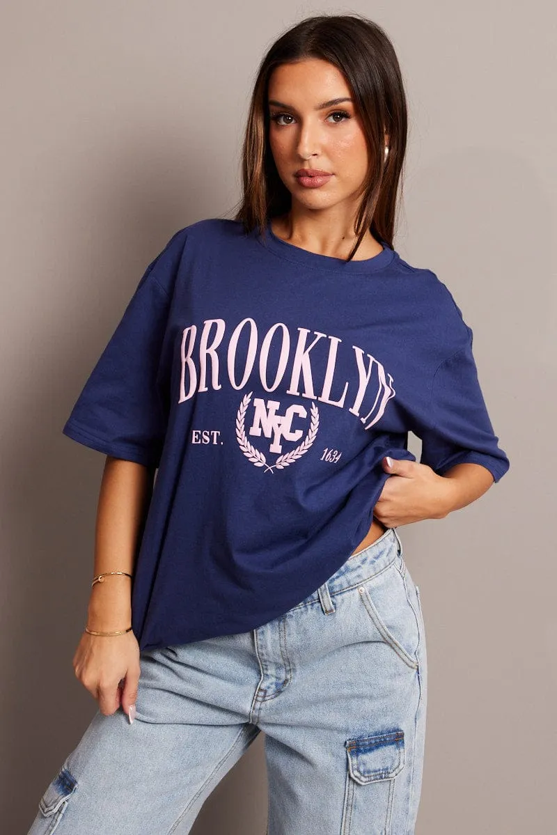 Lightweight Design Quick Release Hem Blue Graphic Tee Short Sleeve