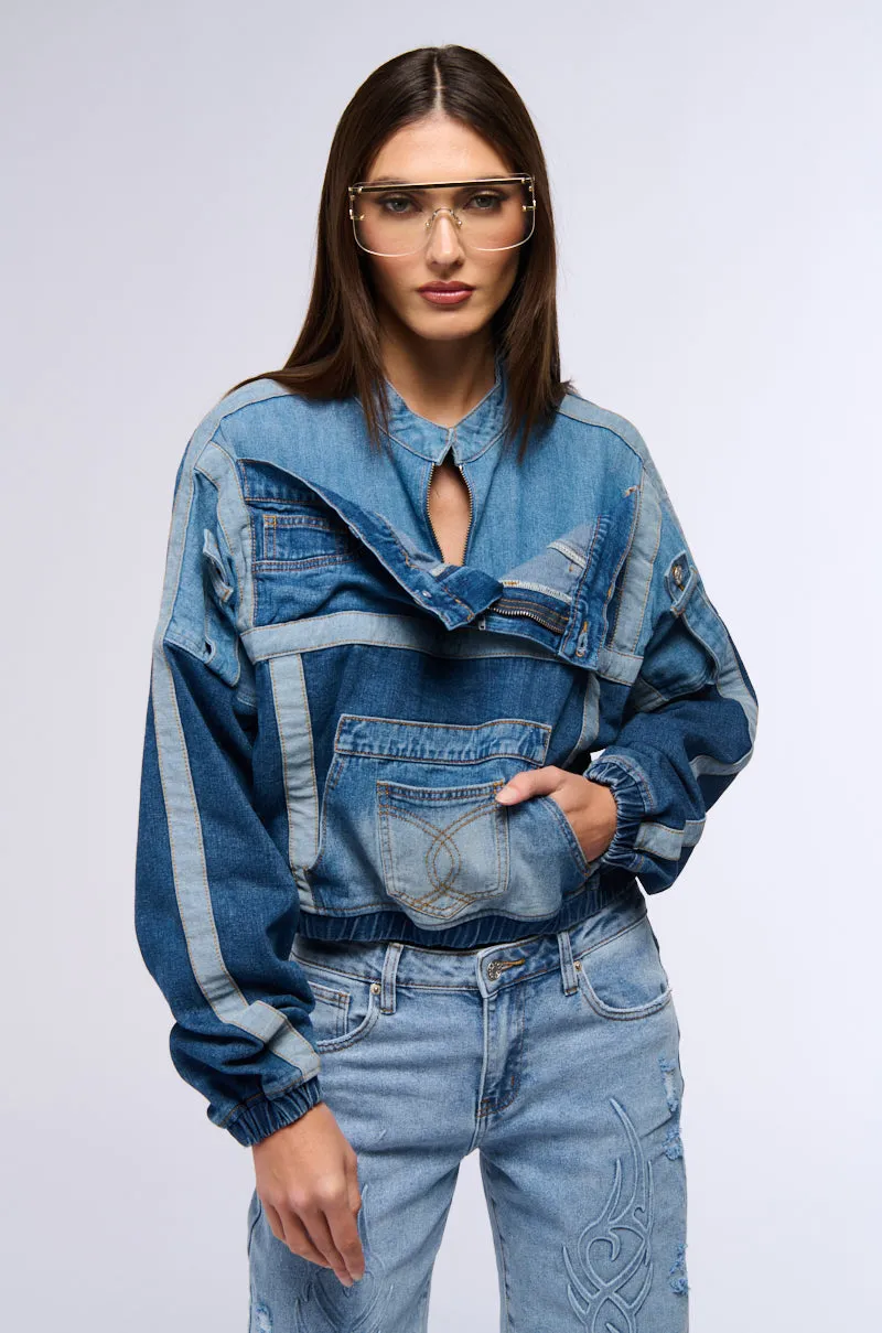 AUBREY DENIM PULL OVER SWEATSHIRT Quilted Lining Layer Essential