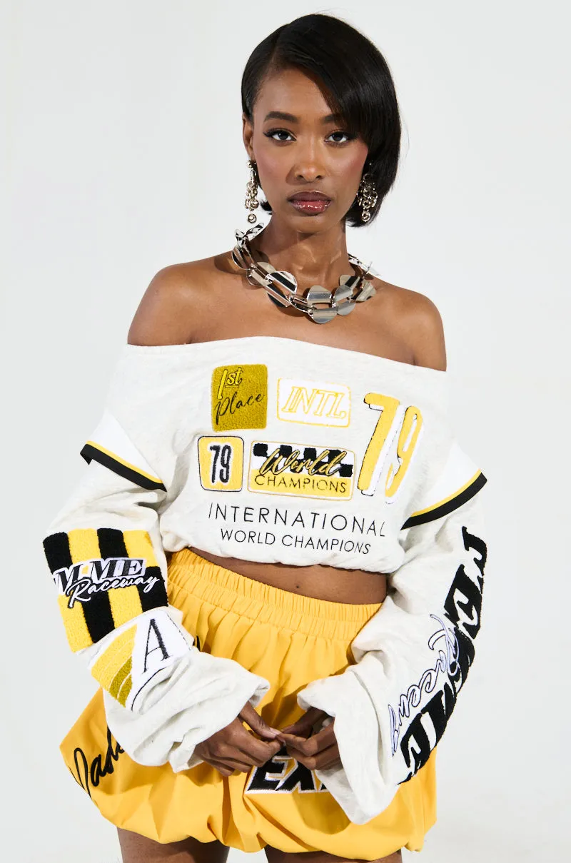 Urban Wear product cost effectiveness RACING THROUGH OFF THE SHOULDER SWEATSHIRT