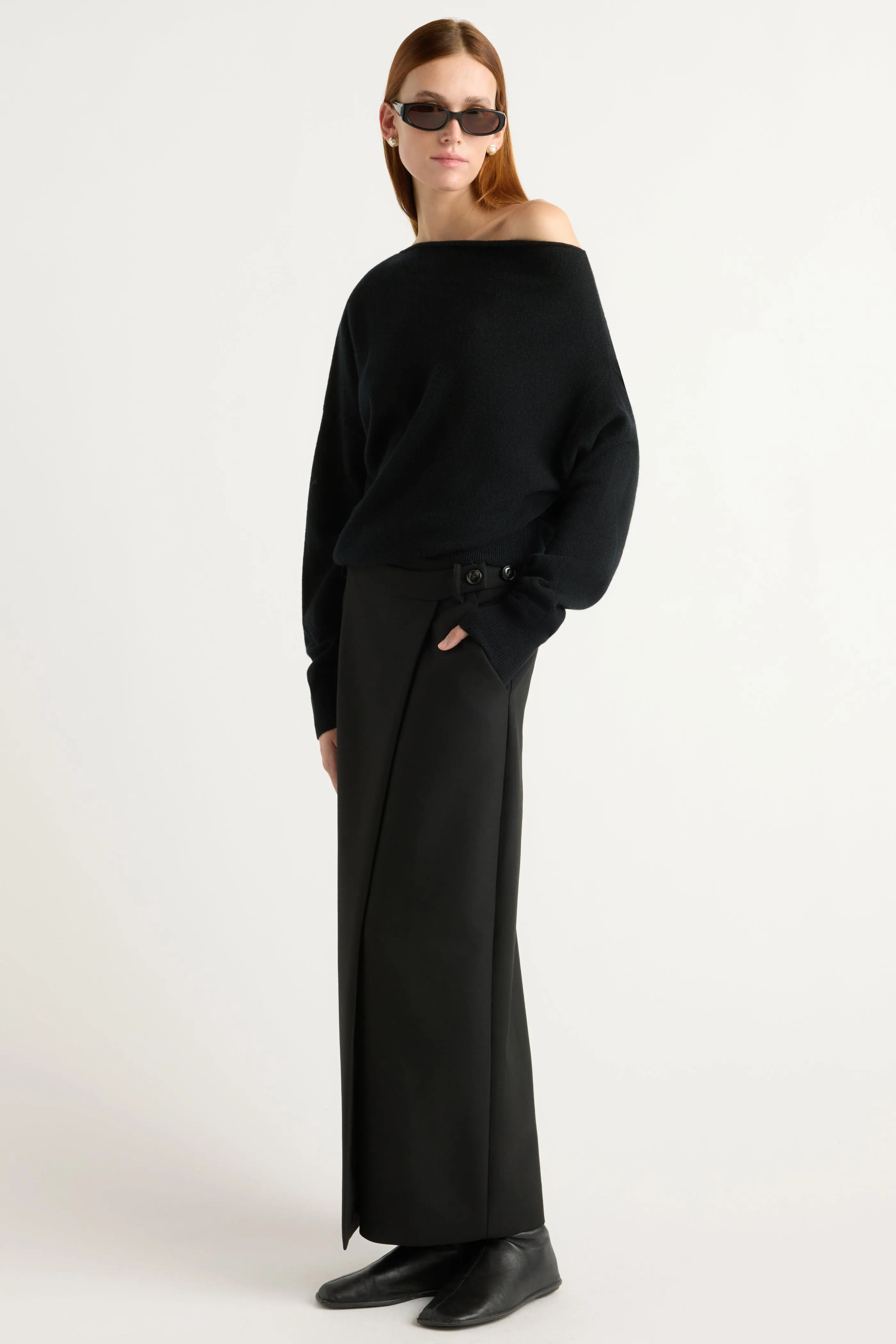 Soft Knit Style Knit Design Wear Lan Cashmere Off-Shoulder Sweater