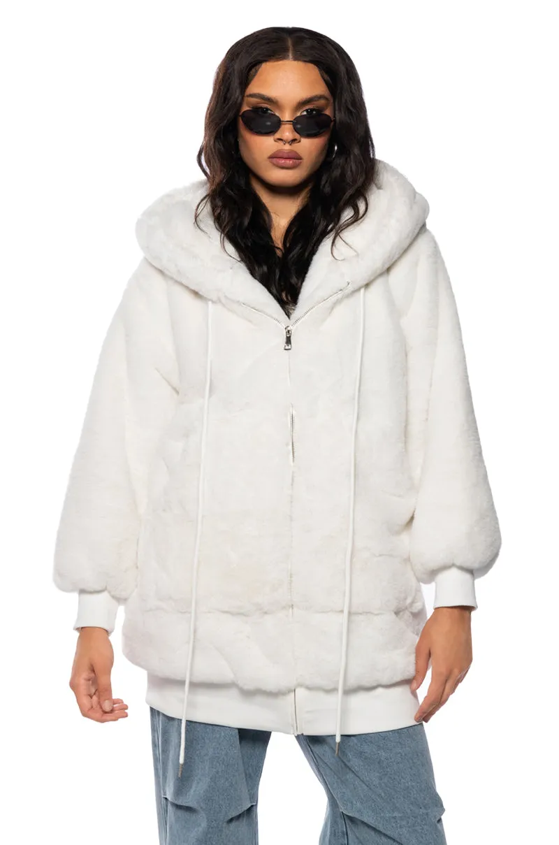 right for travel product mid range value RZA LONG COMFY FAUX FUR HOODIE IN WHITE
