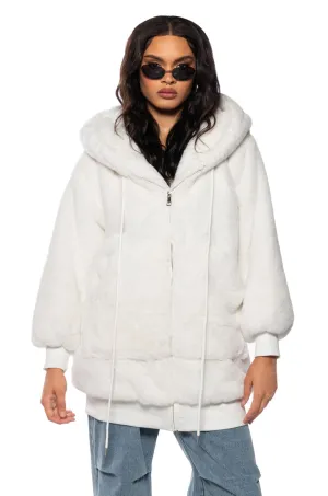 right for travel product mid range value RZA LONG COMFY FAUX FUR HOODIE IN WHITE