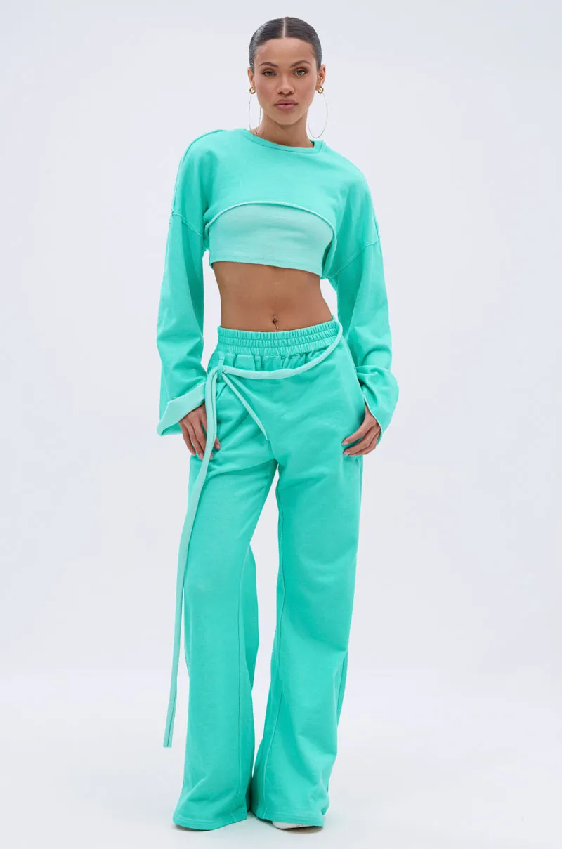 Contrast Trim product ethnic authenticity ISSA DOUBLE LAYER CROP SWEATSHIRT IN TIFFANY