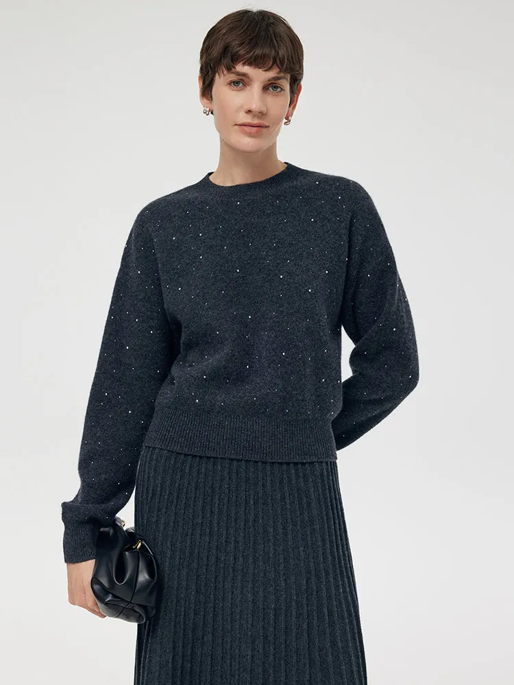 100% Wool Sequins Women Sweater Classic Crew Neck