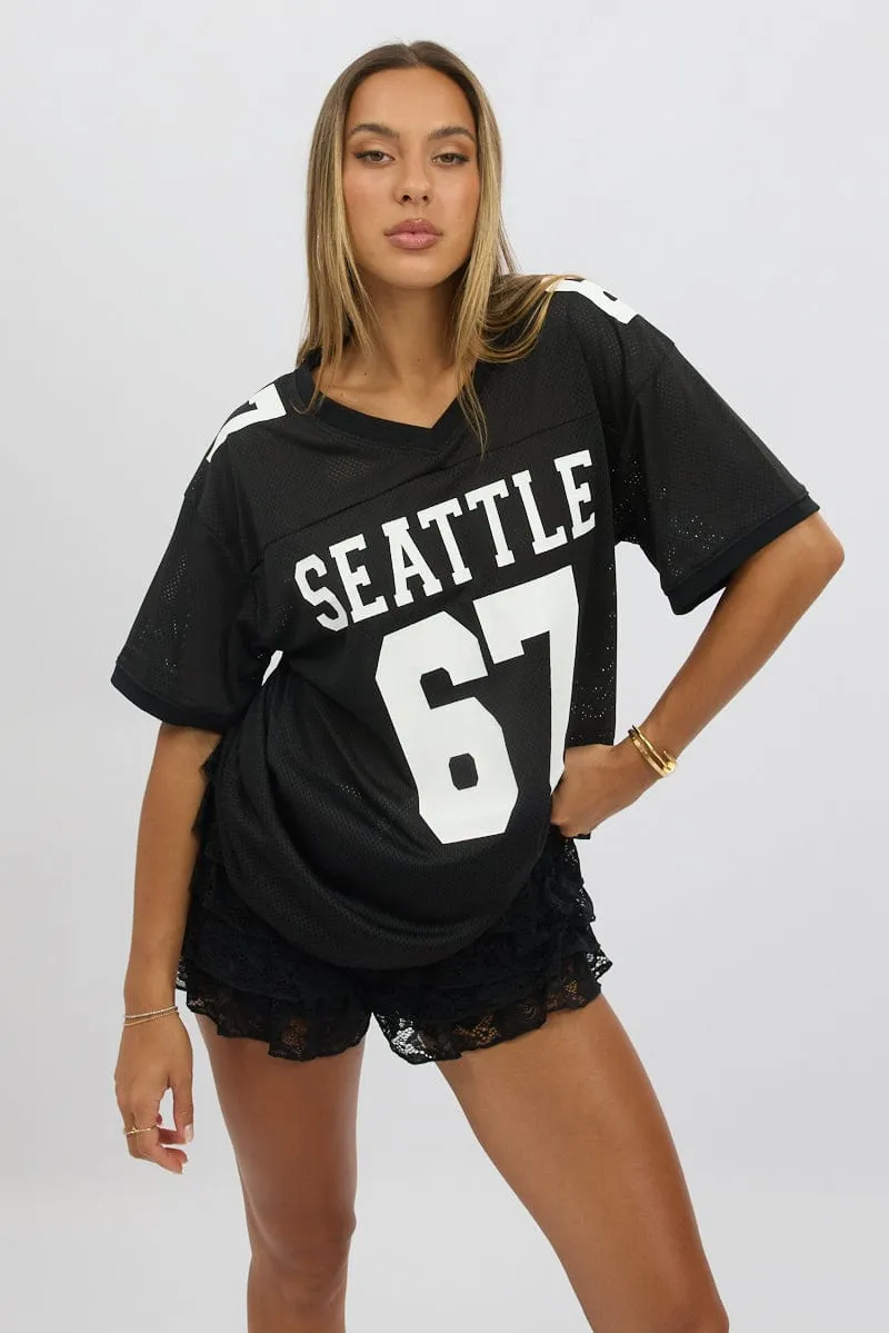 Black Sport Tee V Neck Short Sleeve Hypoallergenic Textile