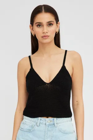 OdorResistant Material Black Crochet Singlet Top V Neck