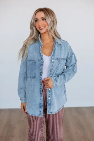 Evening Stroll Comfy Grayson Risen Denim Shacket - Vintage Light Wash Airy Touch