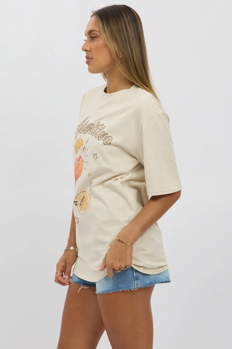 Beige Graphic Tee Short Sleeve Modern Layering Comfortable apparel