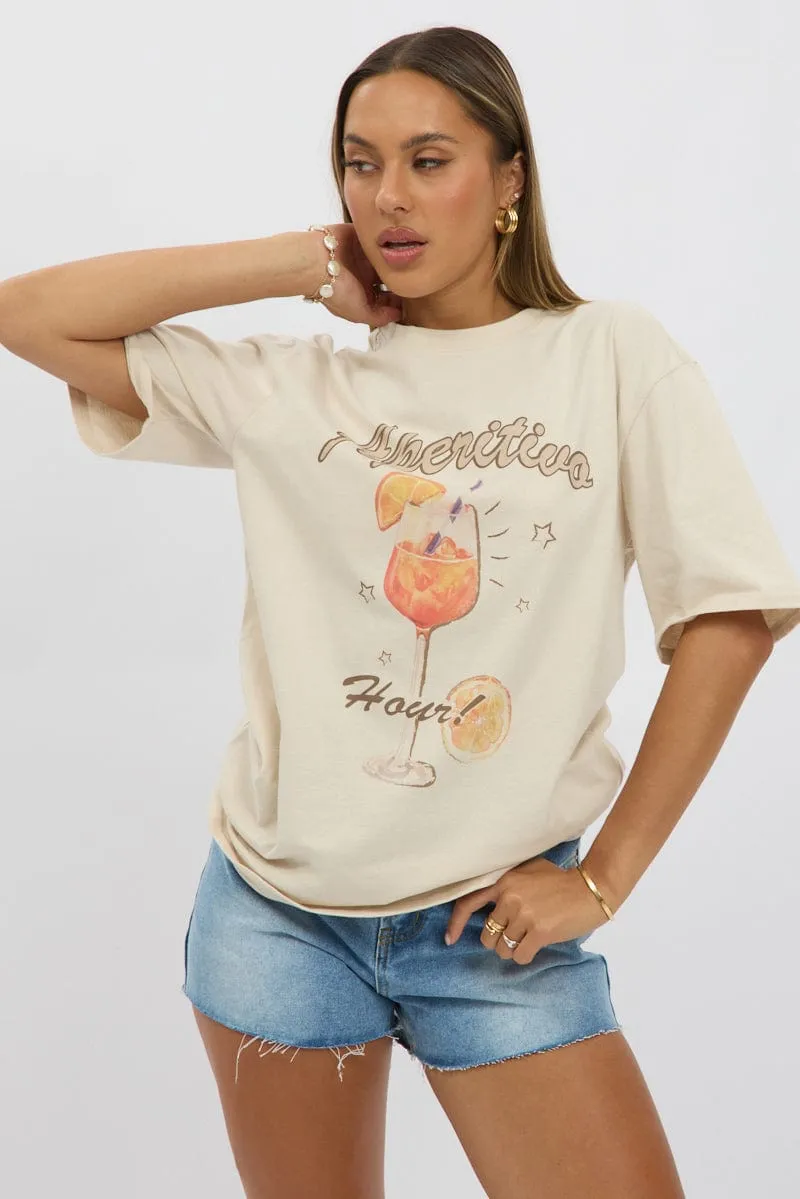 Beige Graphic Tee Short Sleeve Universal Silhouette