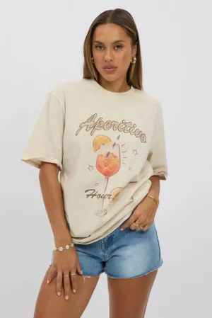 Beige Graphic Tee Short Sleeve StretchComfortWeave Sporty Style