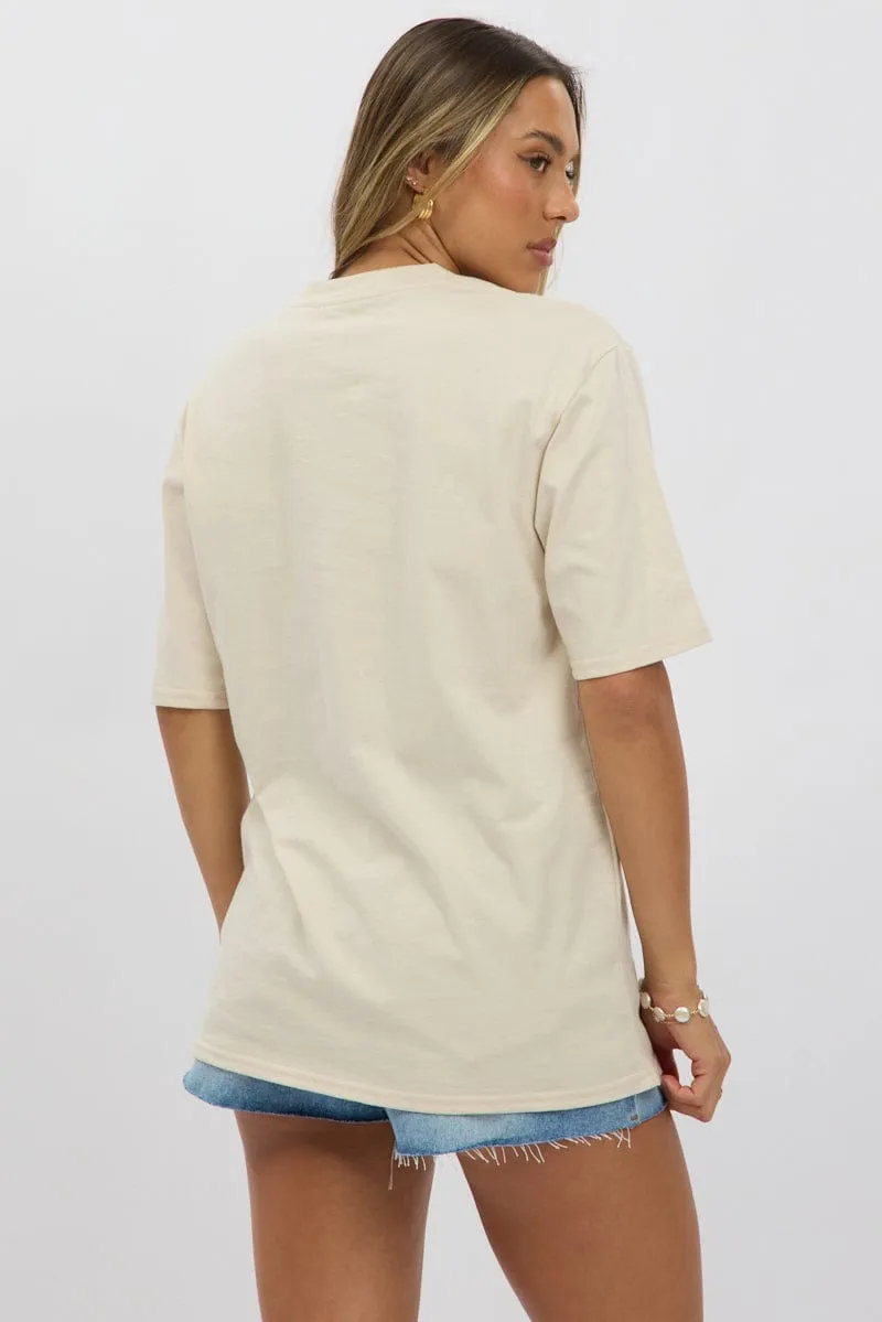 Beige Graphic Tee Short Sleeve Natural Fiber Blend DropShoulderDesign