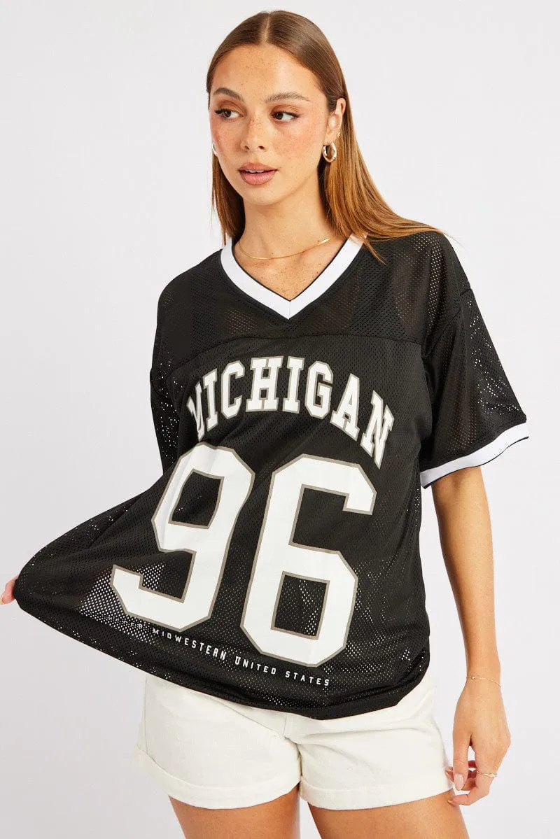 Black Sports Tee Short Sleeve Laser Cut Edges Essential Wardrobe