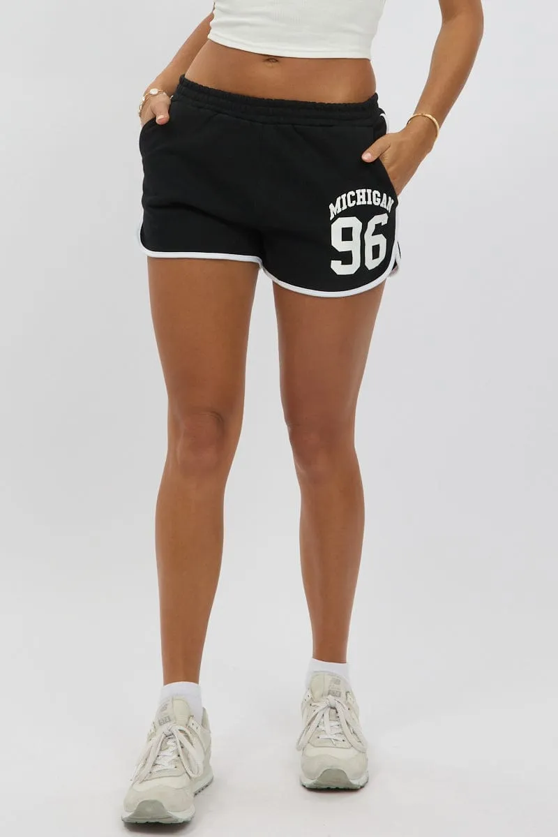 Active Style Black Track Shorts High Rise Elastic Waist
