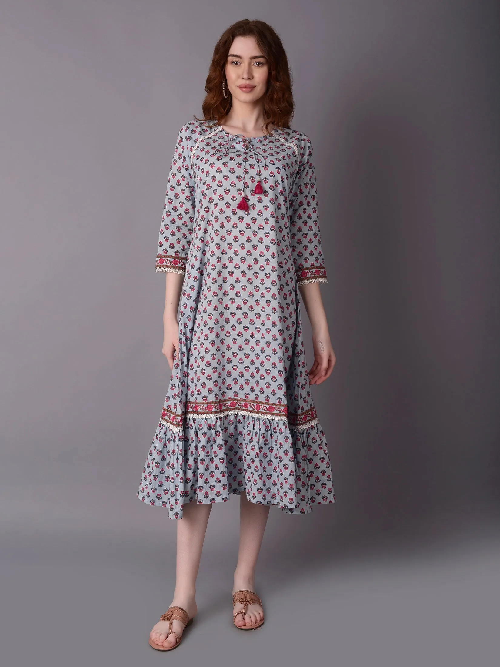 Women Blue Floral Print Dress Winner Vibe