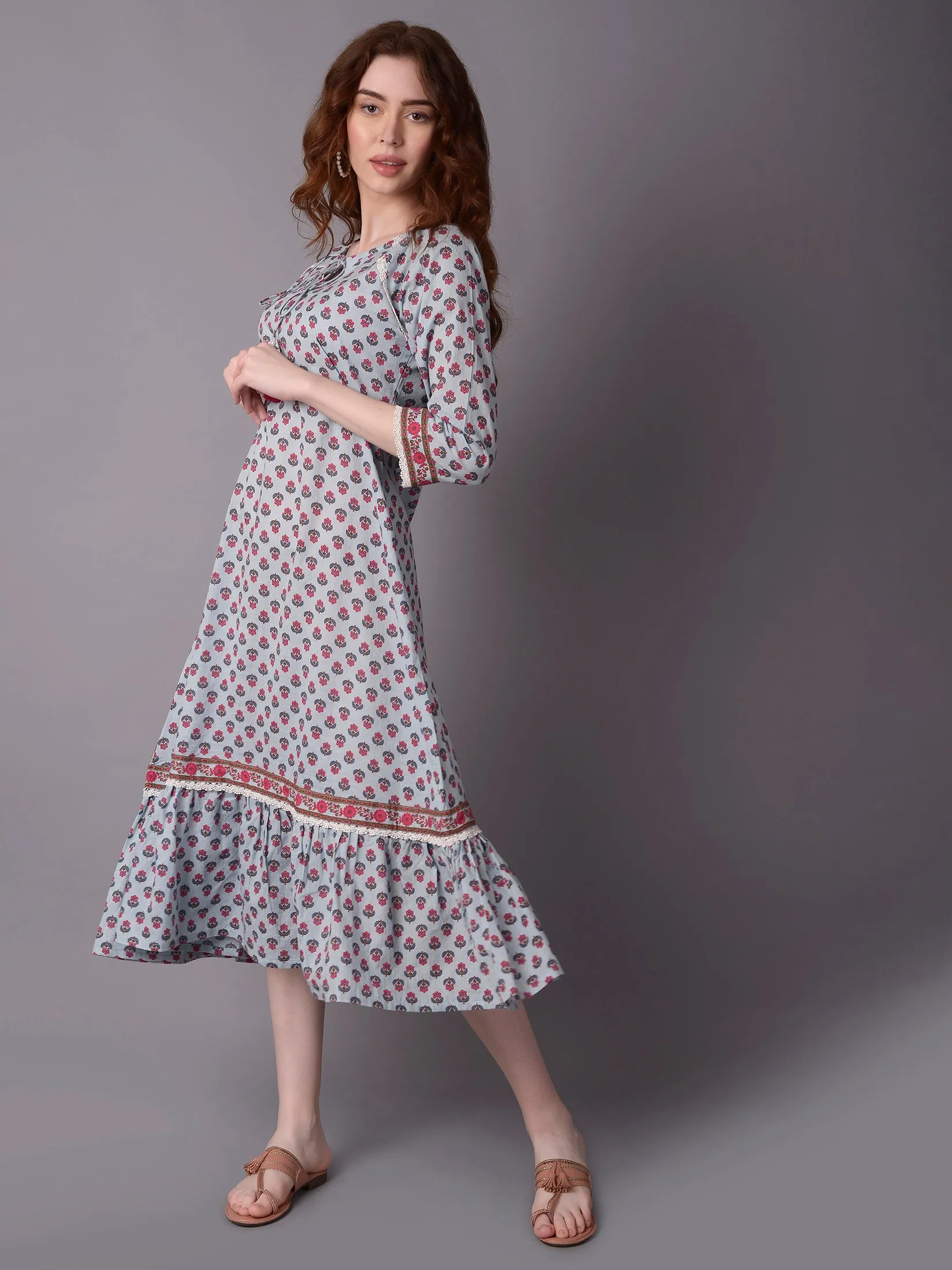 Casual Sweater Women Blue Floral Print Dress