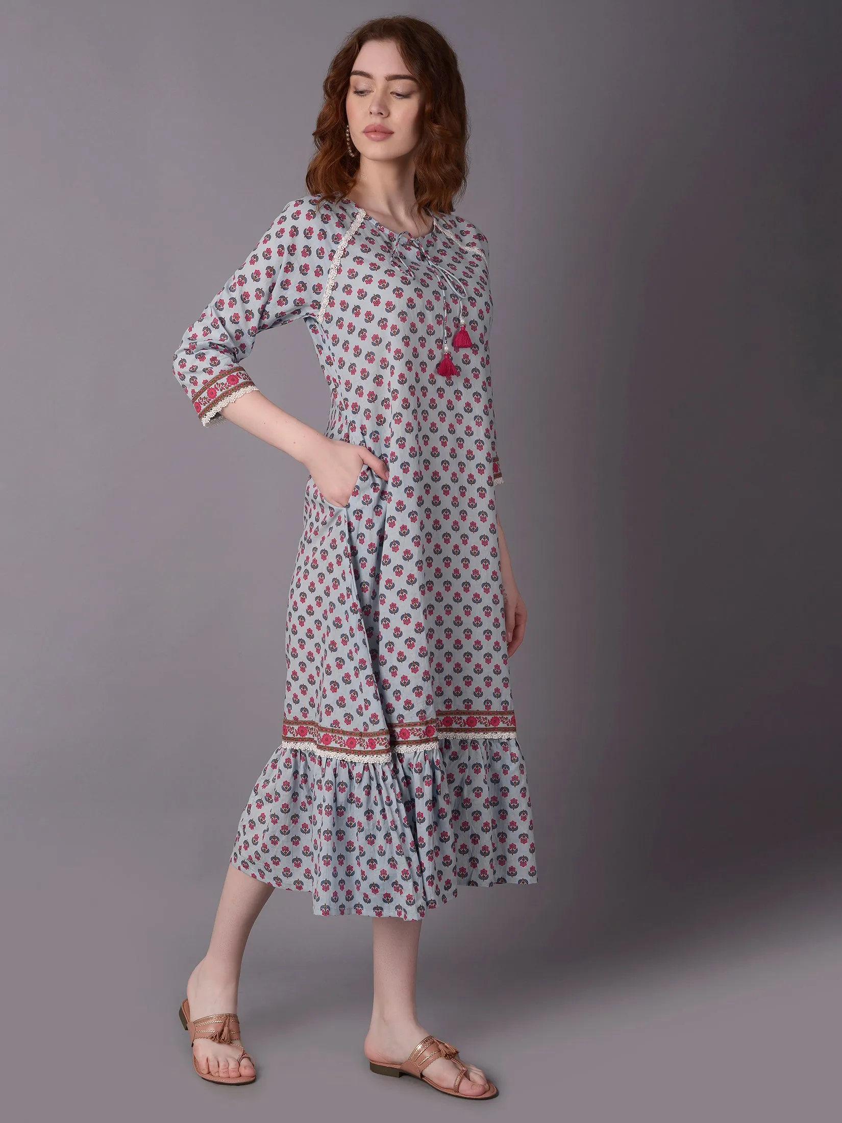 MultiPocket System Timeless Cardigan Women Blue Floral Print Dress