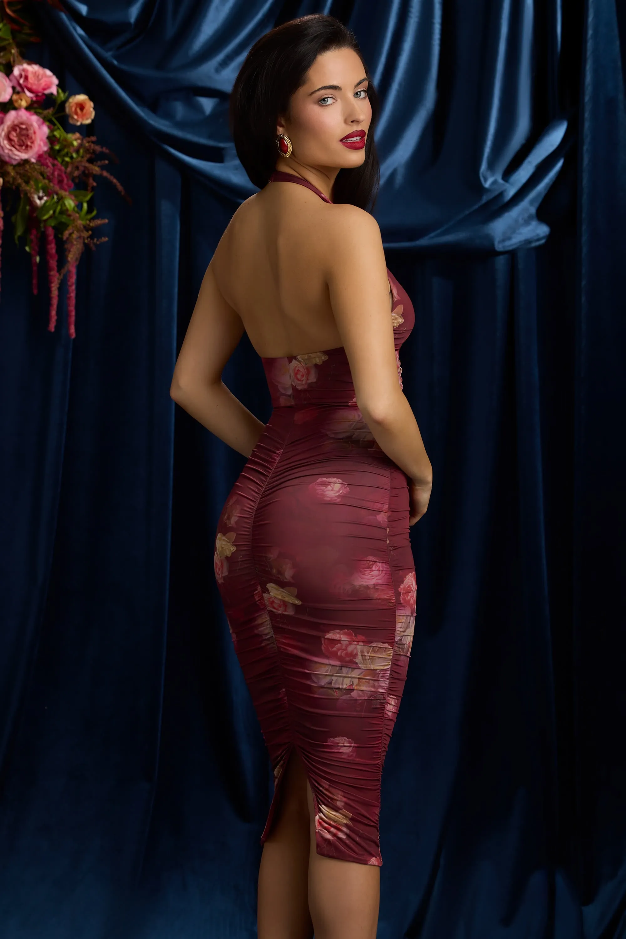 Comfortable daytime dress Timeless elegance Ruched Plunge Halterneck Midi Dress in Maroon Floral Print