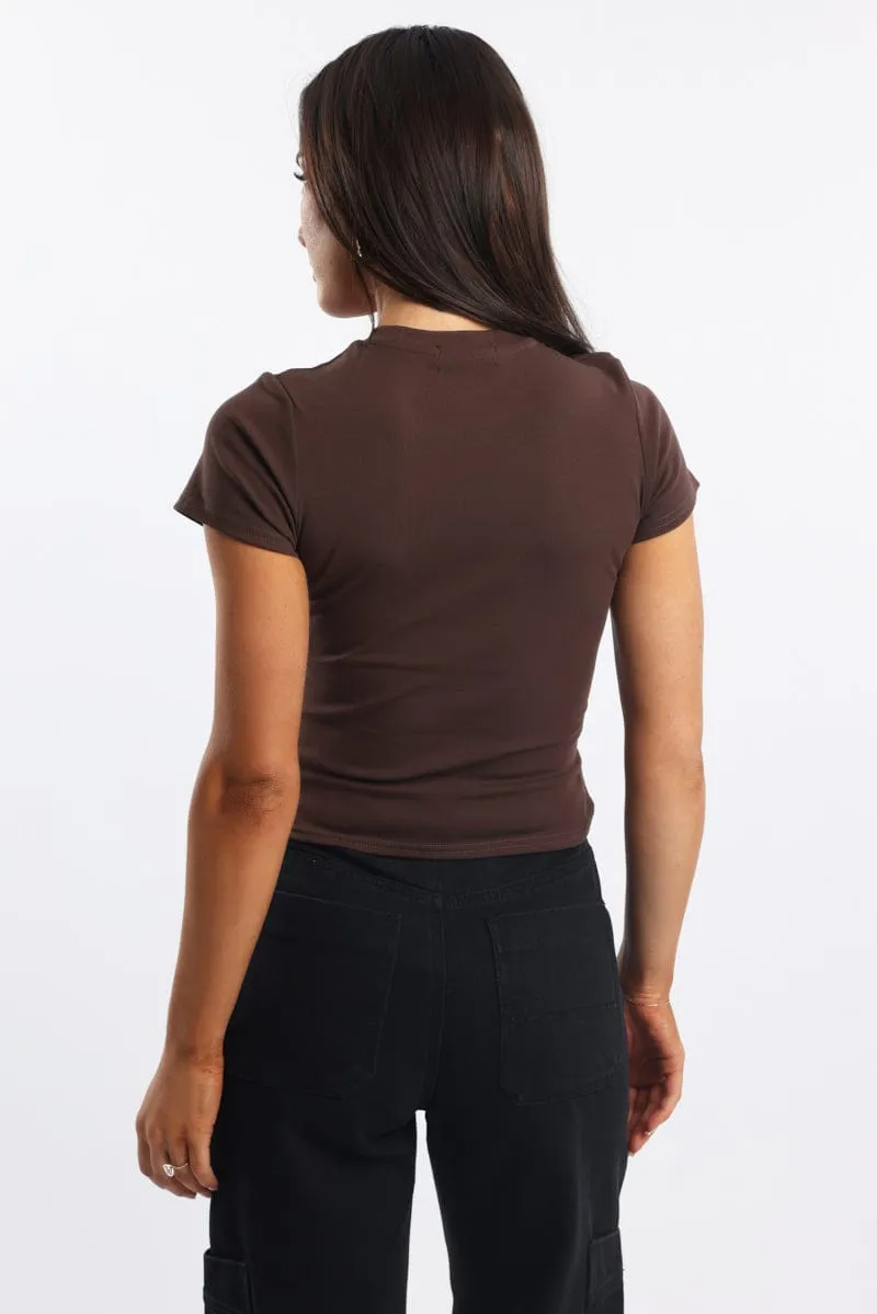 Brown Graphic Tee Short Sleeve Office Wear Lightweight Construction