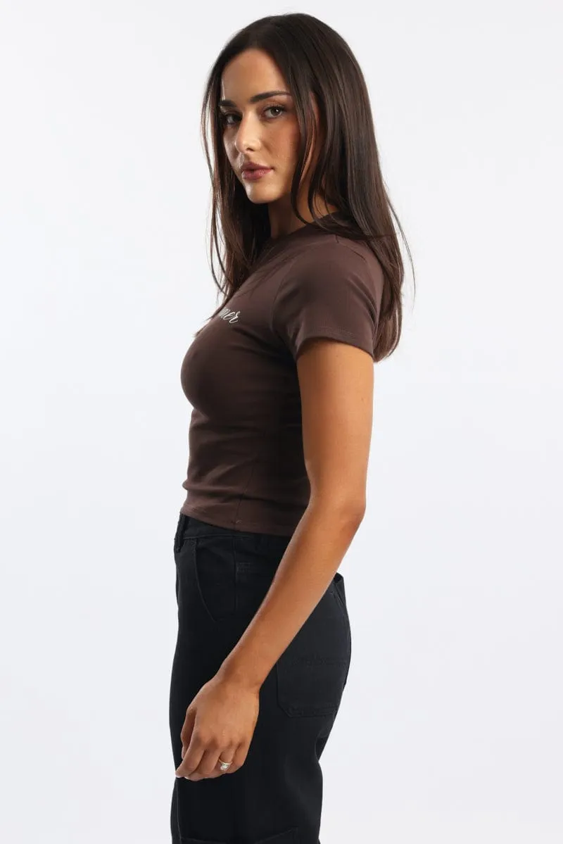 Minimalist Stitching Smart Layering Brown Graphic Tee Short Sleeve