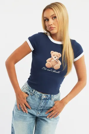 Blue Graphic Tee Short Sleeve Office Casual