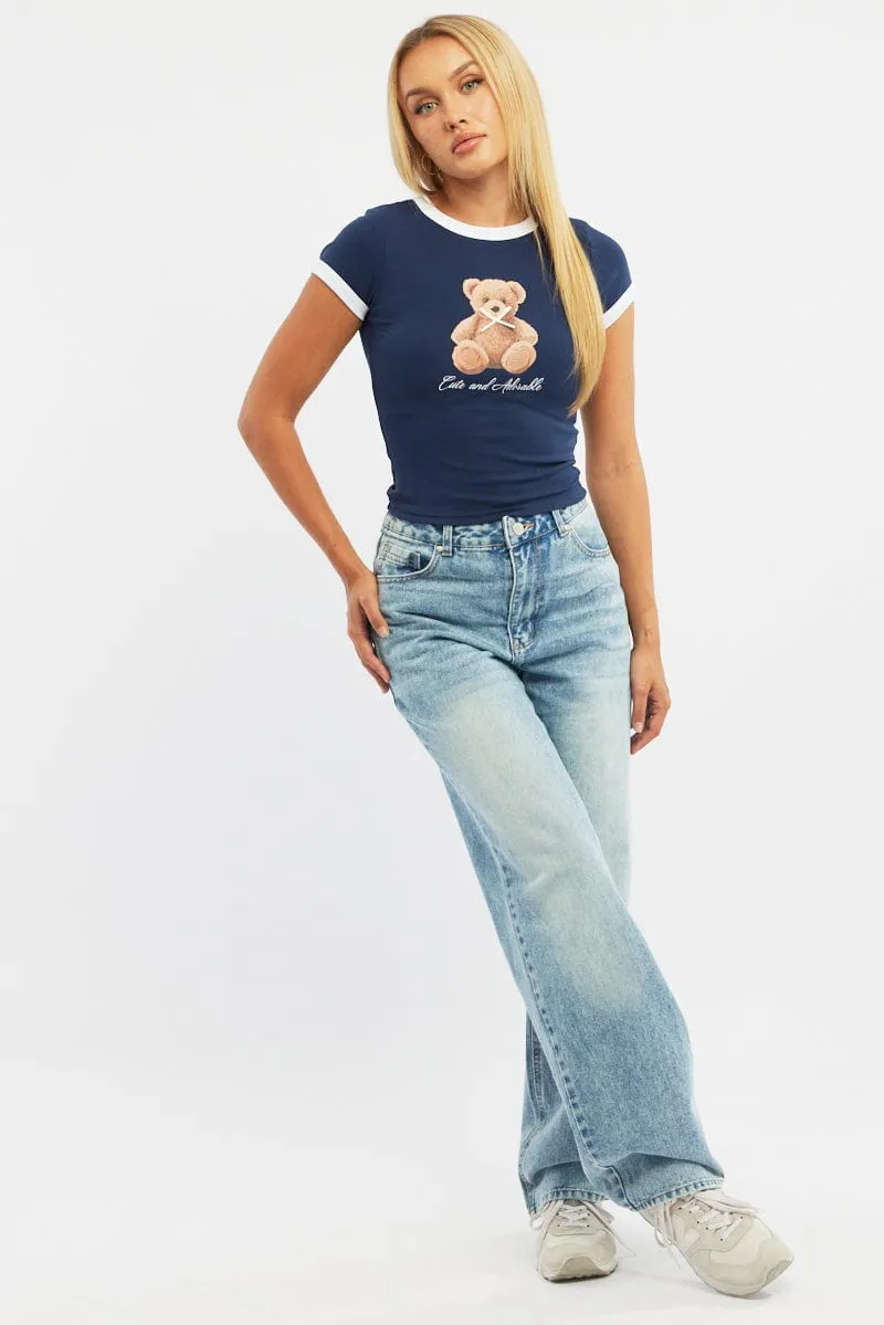 Minimalist Comfort Blue Graphic Tee Short Sleeve