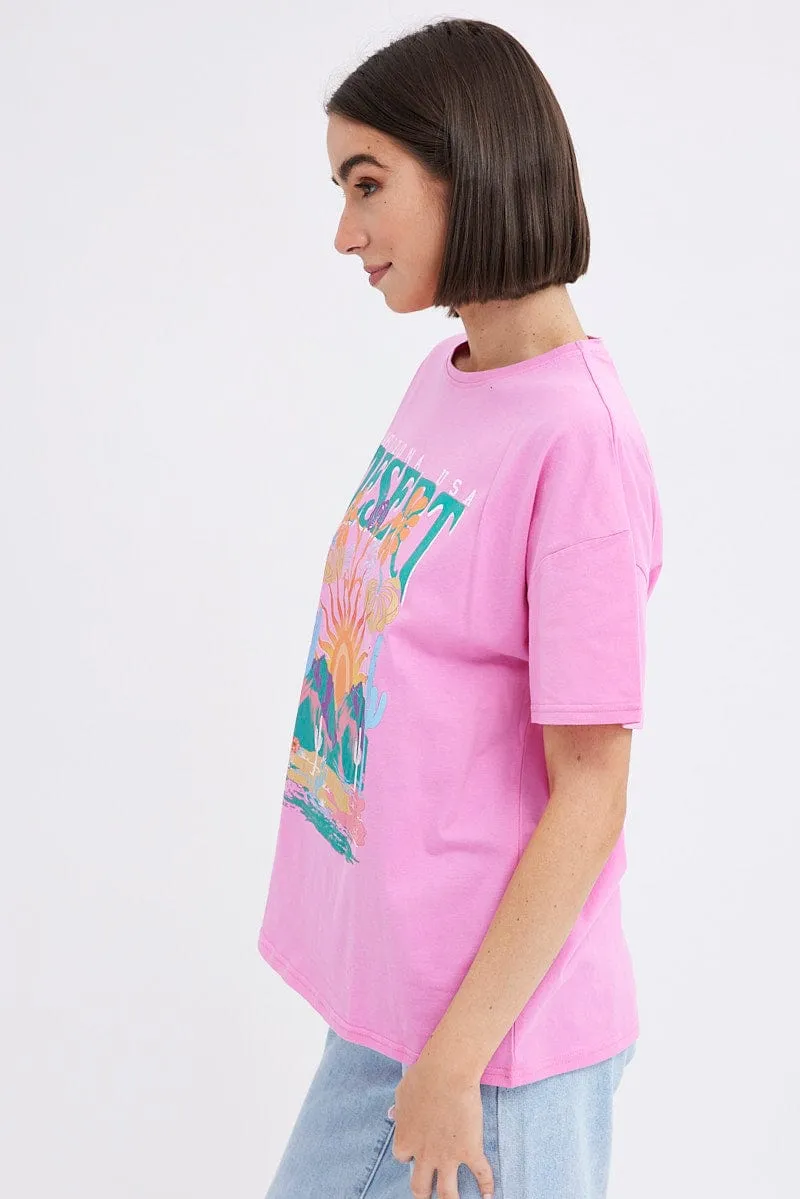 Pink Graphic Tee Short Sleeve Desert Arizona Festival Cozy Look Wear