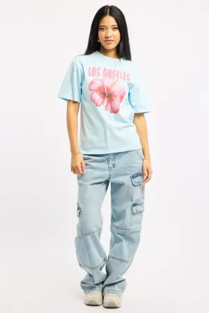 Blue Graphic Tee Short Sleeve ReinforcedNeckline Fun Prints