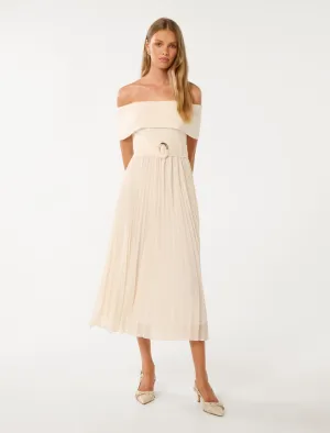Road Trip warm glow Capri Bardot Pleat Hem Midi Dress