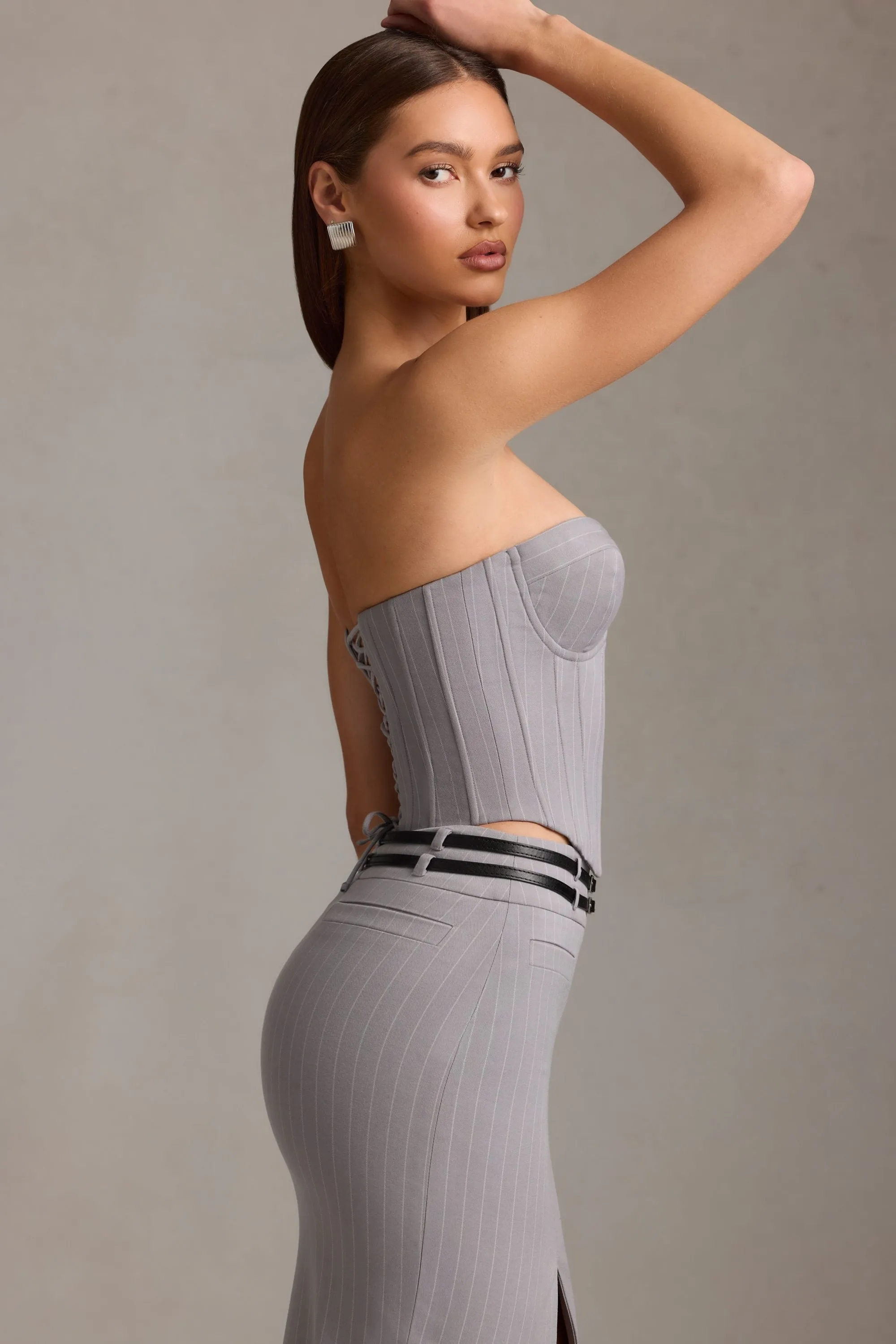 Glitter Glow Pinstripe Lace-Up Corset Top in Grey