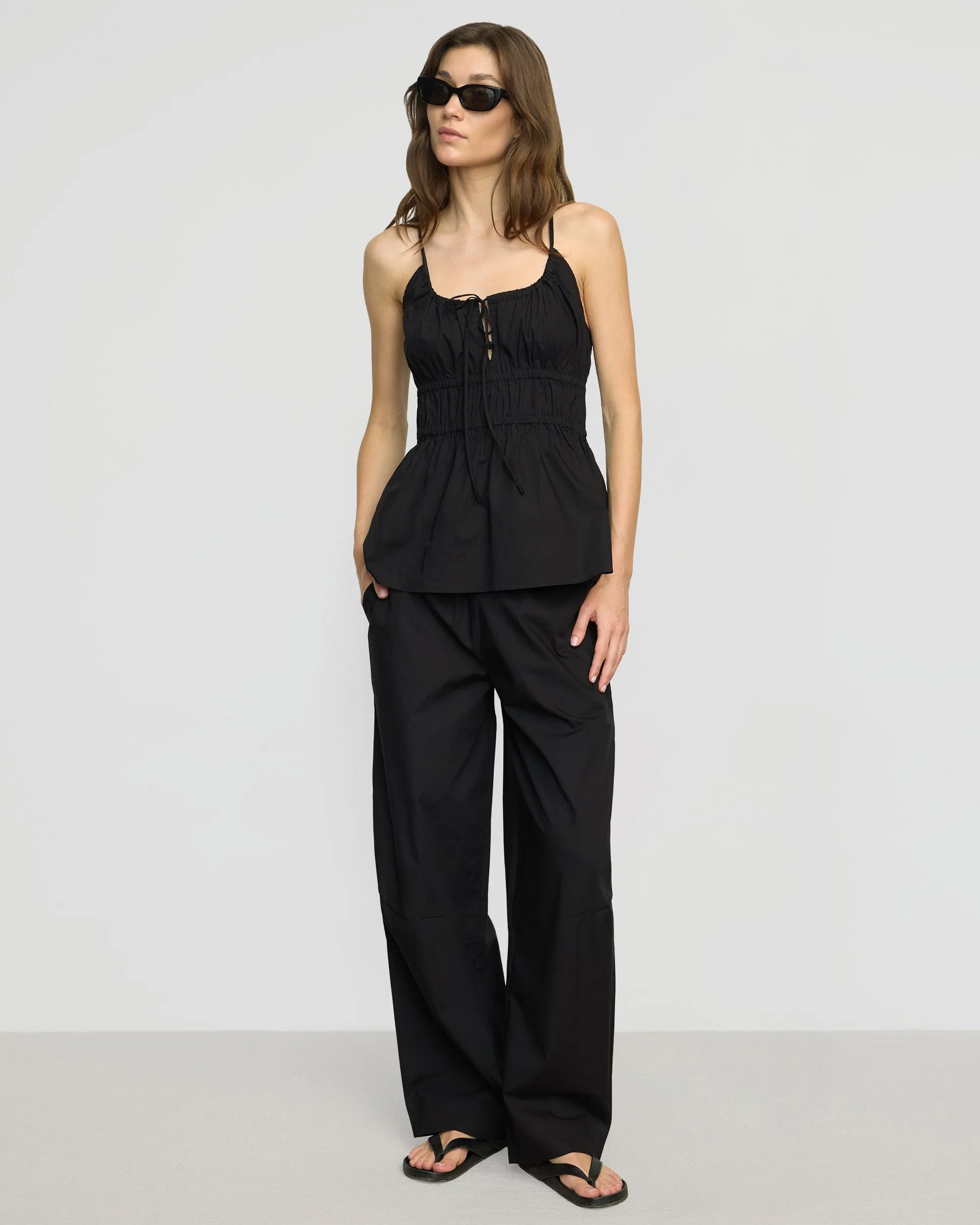 Paula Smocked-Waist Organic Cotton Pant Soft Interior Adjustable drawstring