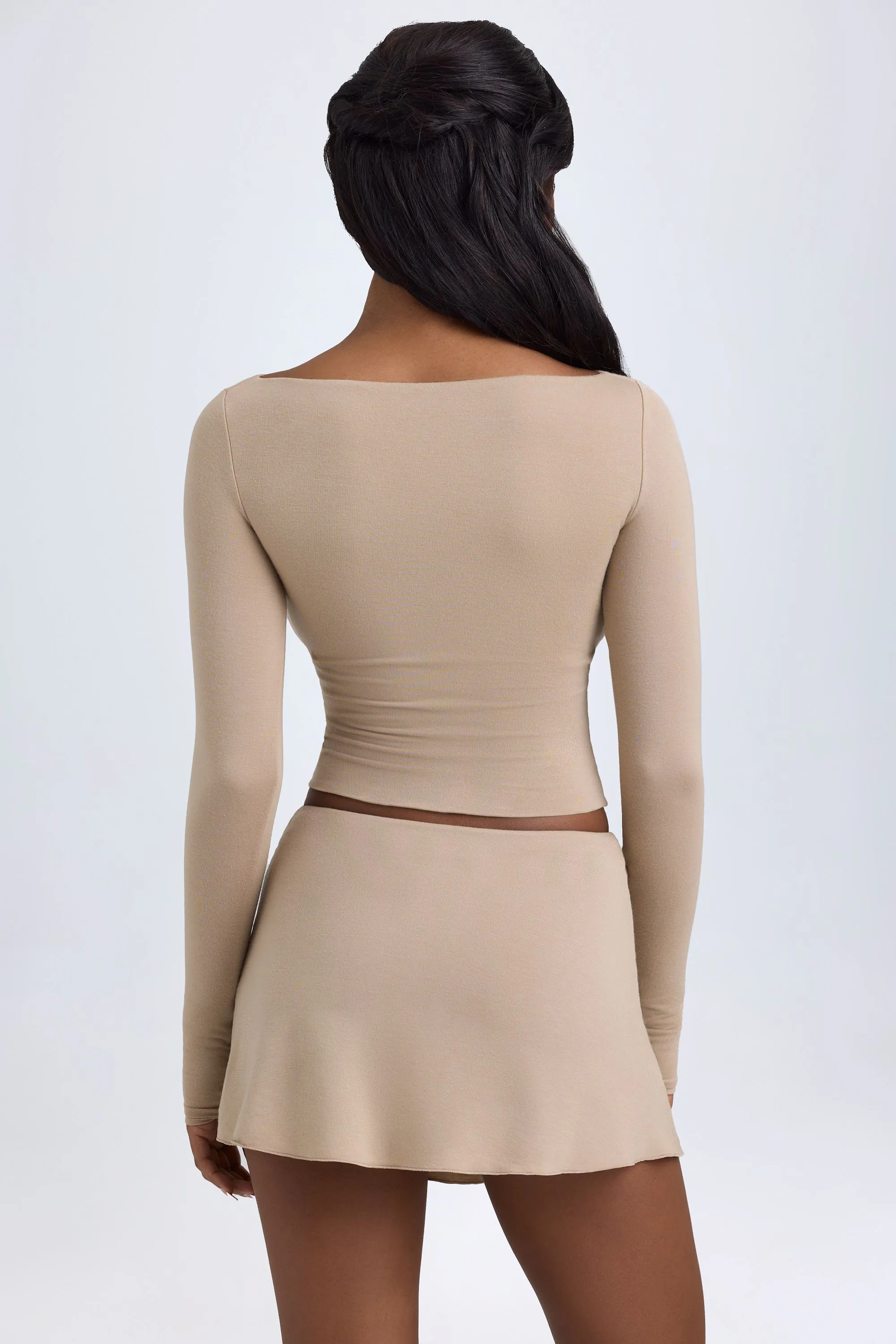 Casual Style Modal Button-Detail Low-Rise Mini Skirt in Taupe
