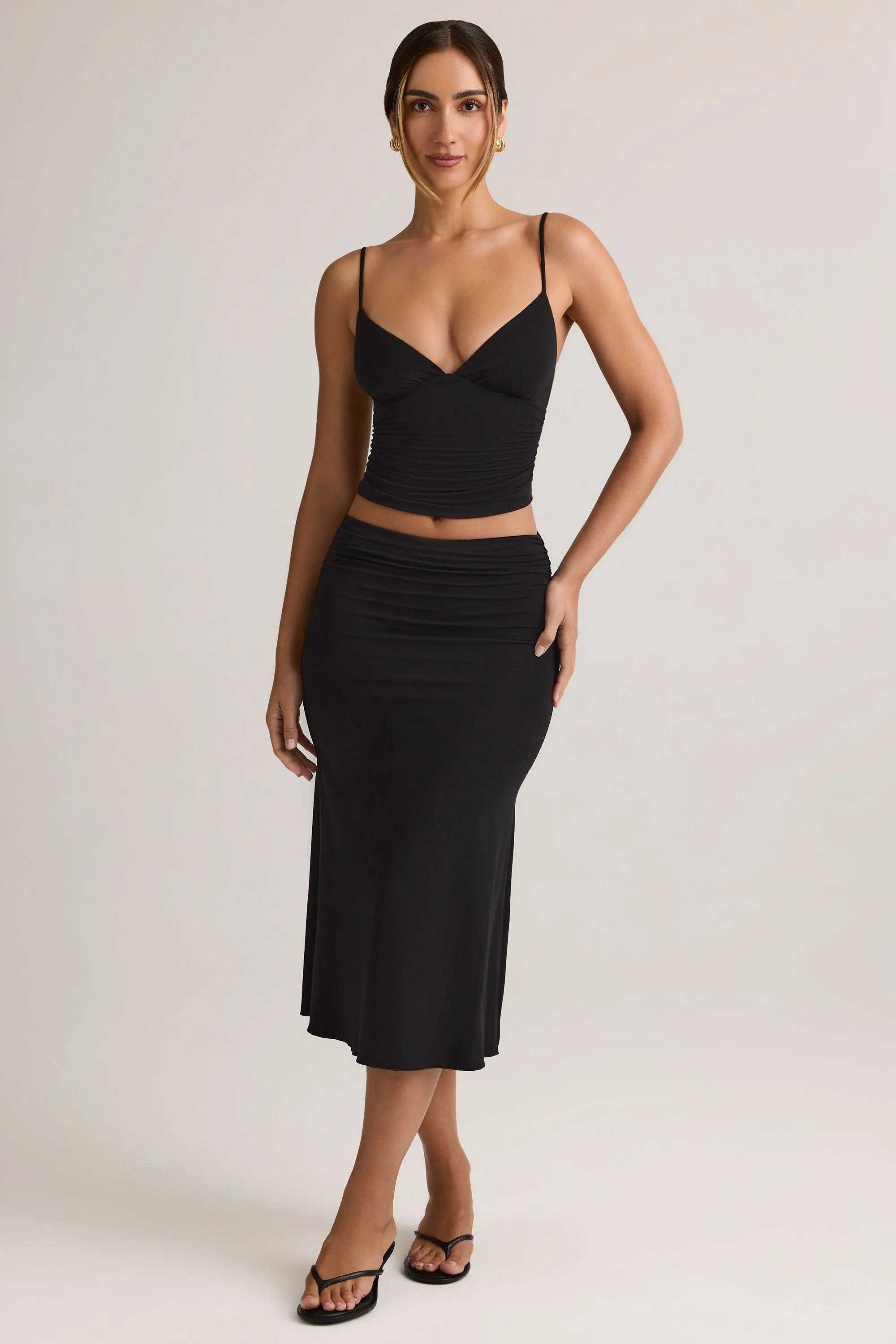 Modal Ruched Mid-Rise Midaxi Skirt in Black tech fabric