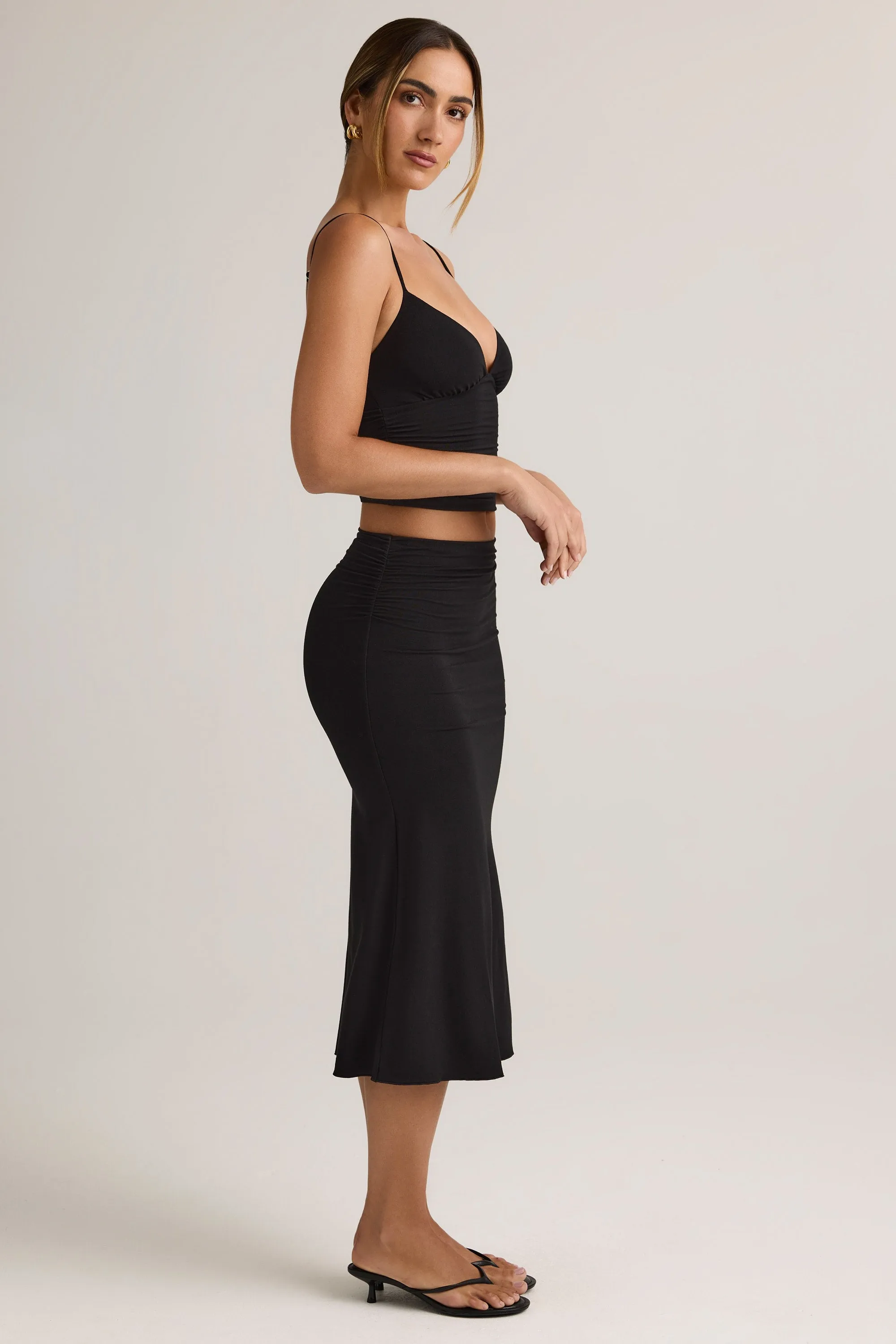 Machine washable Modal Ruched Mid-Rise Midaxi Skirt in Black