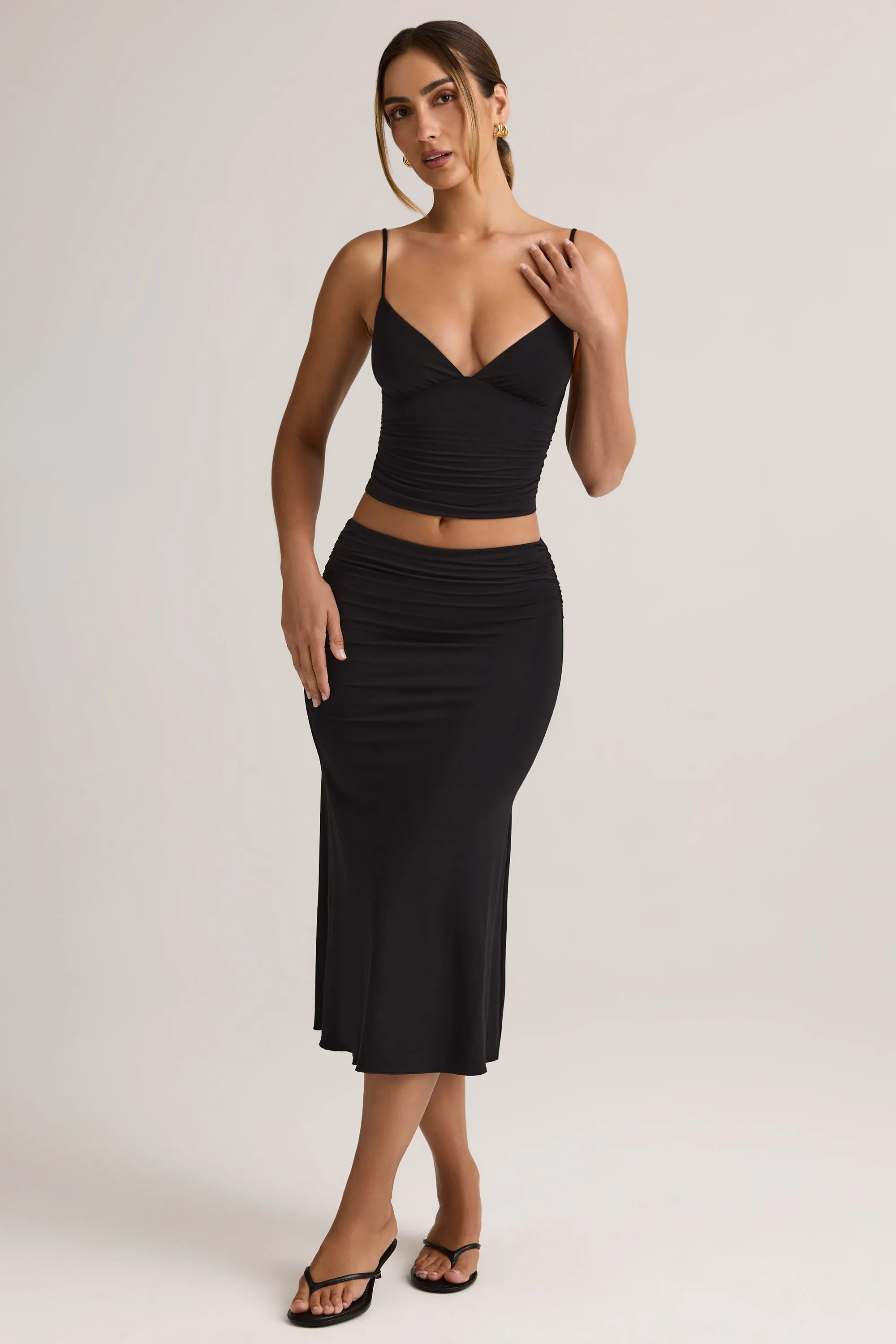Everyday Wear Laser cut Modal Ruched Mid-Rise Midaxi Skirt in Black