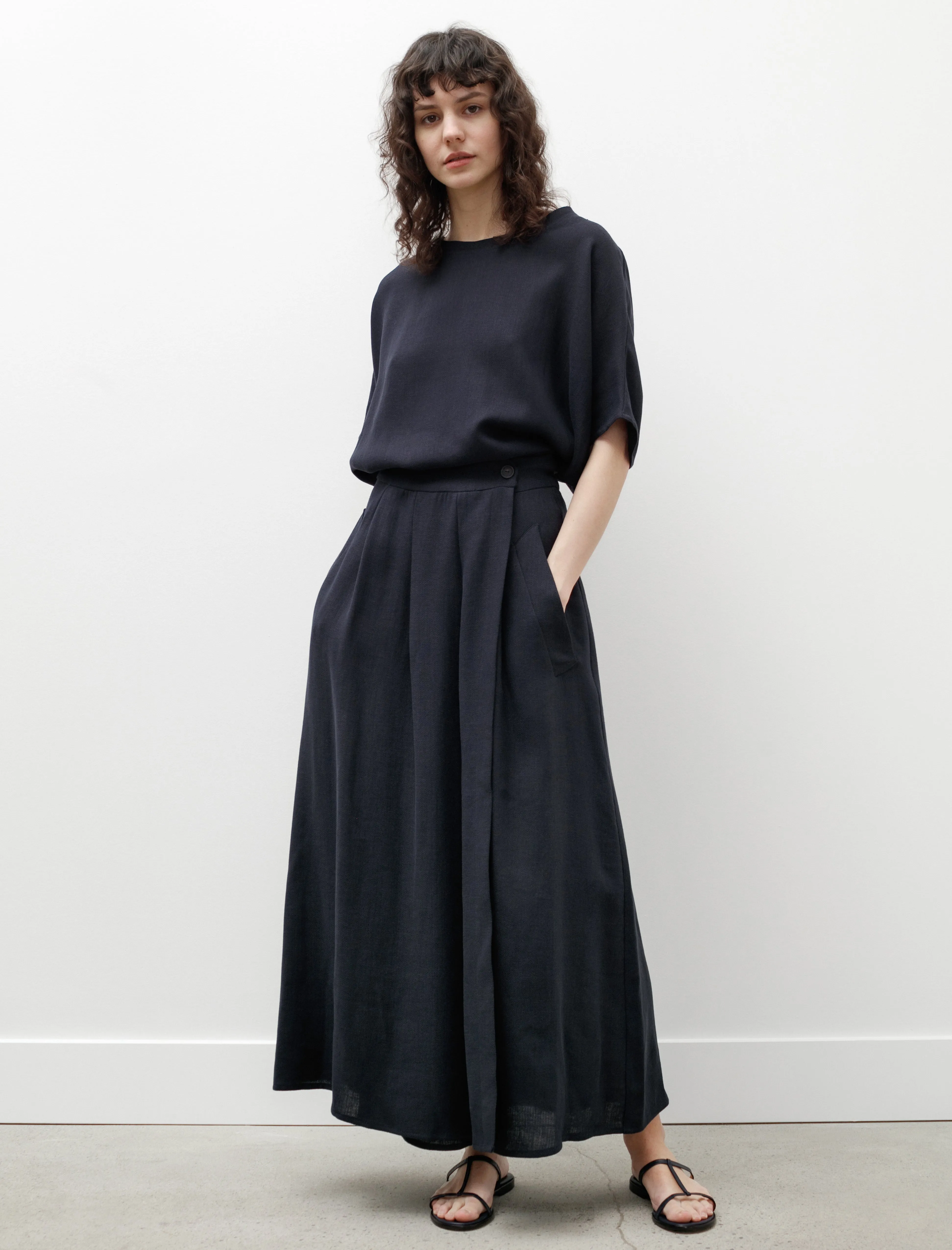 Long Skirt Linen Navy Simple Layers Soft Texture