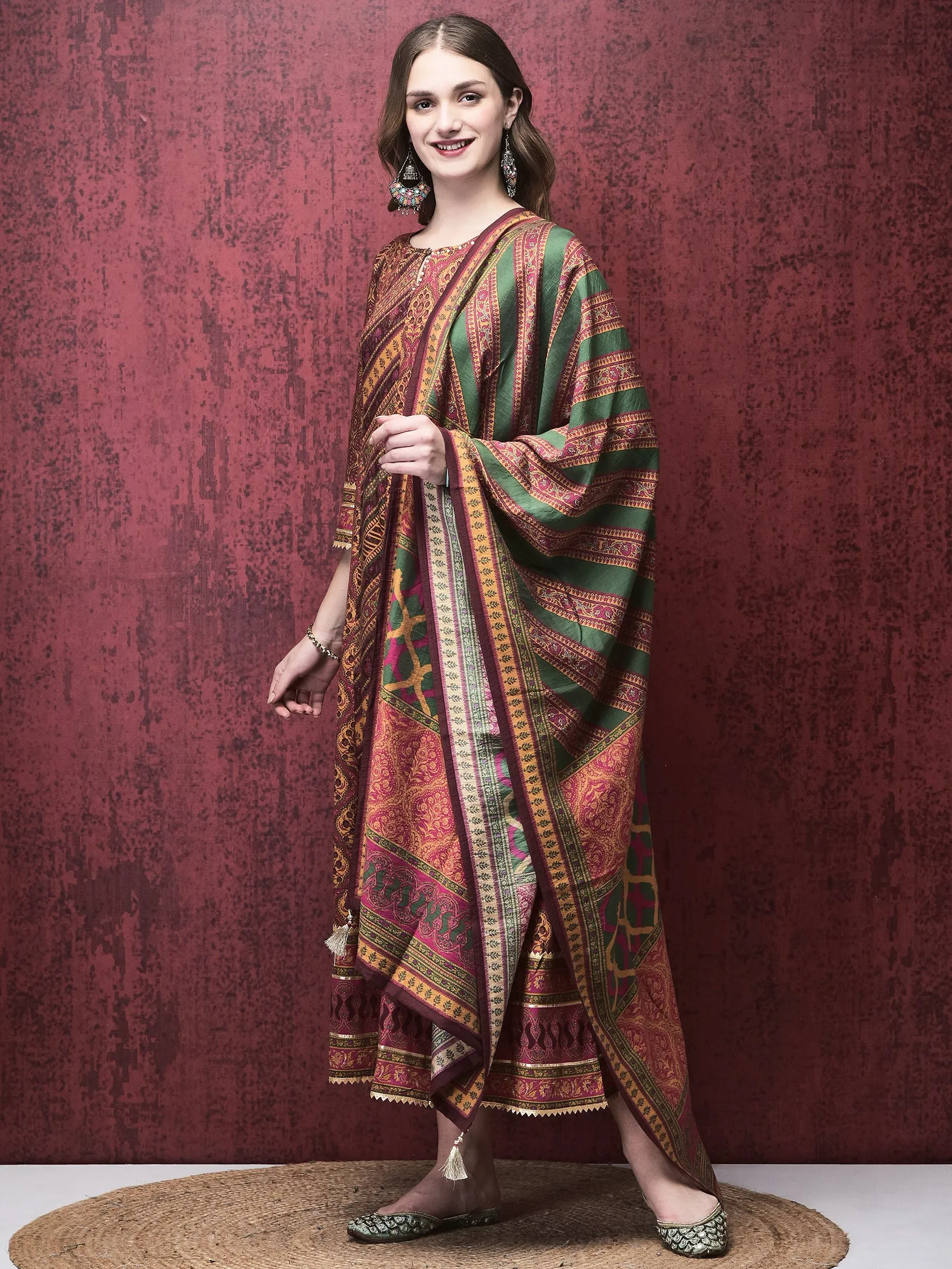 Lightweight insulation Women Liva (Rayon) Multicolor Mughal Print Dress With Chanderi Dupatta